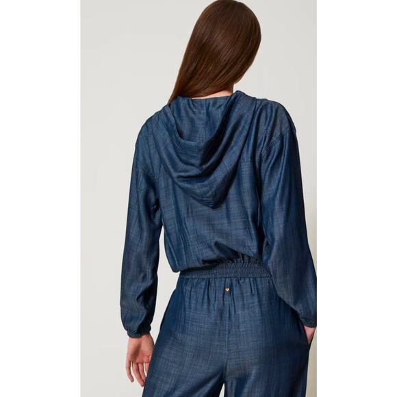 TwinSet Milano Chambray hoodie with zip Blue Denim - Picture 2 of 7